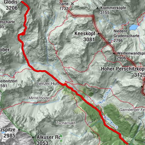 Glödis 3206m: PP Seichenbrunn, Lienzer Hütte, Glödis KS A/B