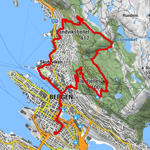 Bergenhus - Sandviksfjellet - Fløyfjellet - Centralkirken Bergen