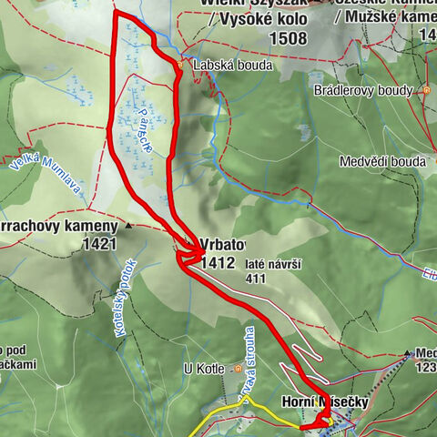 Horní Mísečky - Vrbatova bouda - Vrbatovo návrší - Labská bouda
