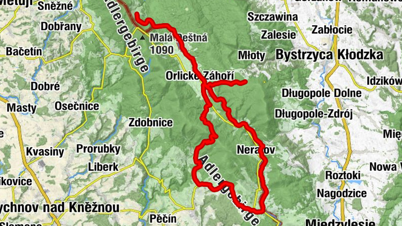 Rozdroże pod Hutniczą Kopą - Kościół pw. św. Antoniego - Kościół pw. Podwyższenia Krzyża Świętego - Schronisko PTTK Jagodna