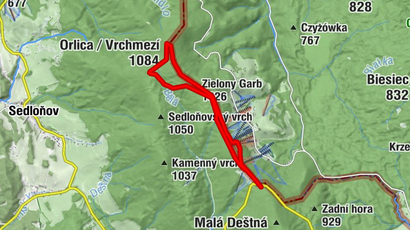 vyhlídka pod Šerlichem - Zielony Garb - Orlica / Vrchmezí - Polomský kopec