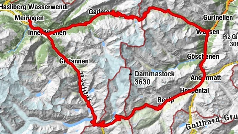 Aussichtsreiche Rennrad-Rundtour von Schattenhalb über Furkapass und Grimselpass via Andermatt, Göschenen und Wassen