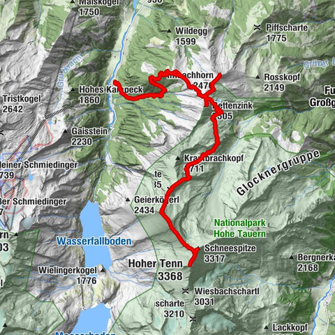 Hoher Tenn mit Bergspitze 3.368m, Schneespitze 3.317m, Kleiner Tenn 3.158m, Bauernbrachkopf 3.125m, Kempsenkopf 3.090m, Imbachhorn 2.470m, Rettenzink 2.510m & Rosskopf 1.999m
